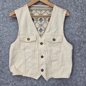Vintage EXPRESS Vest Womens S Cream Crop Denim Crochet 90s Boho Western Festival